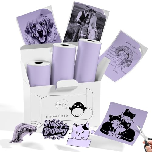 Memoking T02 / M02X / M02L Sticker Paper - Purple Sticky T02 Mini Printer Sticker Paper Refill, 50 mm x 3.5 m, Keep for 20 yrs, for Journal Photo Study Notes, 3 Rolls