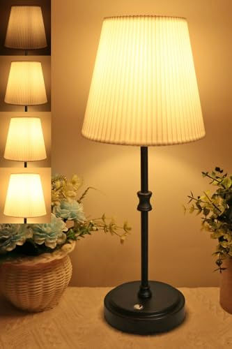 HSLighting Cordless Table lamp Touch Control, Battery Operated Fabric Shade Desk Lamp with Brightness 5%-100% Stepless Dimmable Rechargeable Bedside Lamp for Dining Room Bedroom Bedside Bar Outdoor