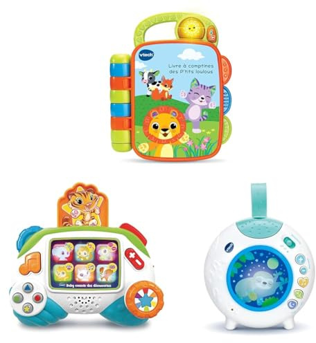 VTech - Livre à Comptines des P'tits Loulous avec Poignée de Transport + Baby Console des Découvertes + Lumi Veilleuse Nuit Enchantée Bleue