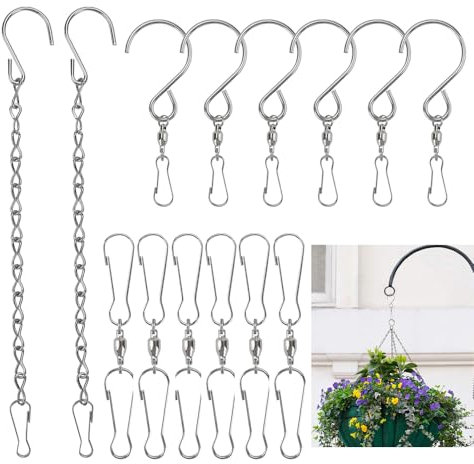 SITAKEGS 12 Stück Wind Spinner Swivel, 360 Grad Haken Clips S Haken mit 2 Stück Metall hängende Kette, hängende Wind Spinner für Windspiele, Vogelhäuschen, Windsocken, Blumentöpfe, Pflanzen
