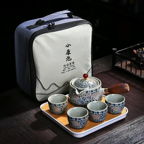 Ceramic Teapot Rotating Tea Maker, Portable Porcelain Gongfu Tea Set Flower Exquisite Teapot Set with 360 Rotation Tea Maker Infuser with Teacup Gift Bag Chinese Gongfu Tea Set,(1 Set)