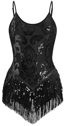 FYMNSI Damen Pailletten Latein Tanz Body Rave Outfit Ballettbody �rmellos Glitzer Gymnastikbody Quaste Bodysuit Damenbody Stringbody Trikot Leotard Overalls Turnanzug Ballettanzug Schwarz S