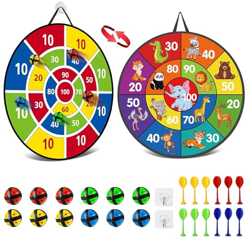 RoxNvm Jeu Fléchettes Double Face 26 Pouces 12 Balles Collantes 12 Fléchettes Intérieur-Extérieur