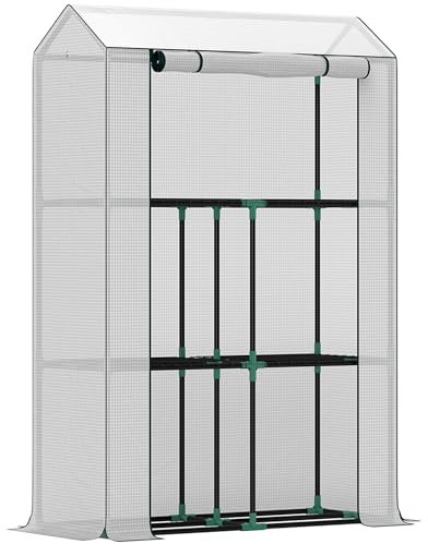 Outsunny 3 Tier Mini Greenhouse with Reinforced PE Cover, Portable Small Greenhouse with Roll-Up Door, 100 x 40 x 150cm, White