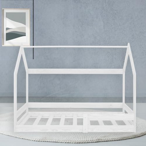 SPRINGOS Kinderbett Hausoptik mit Lattenrost Dach und Rausfallschutz 80 x 160 cm Kiefernholz Niedriges Hausbett für Jungen und Mädchen