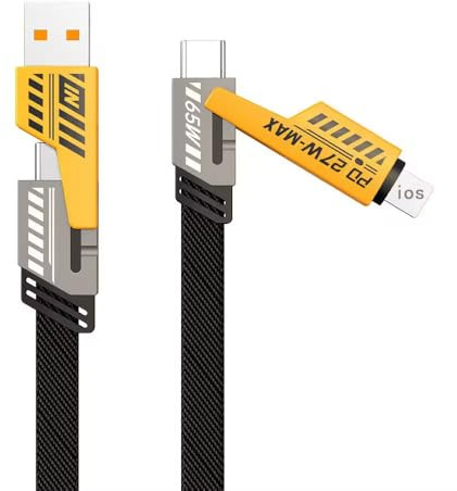 Wayzu® 4 in 1 Fast Charging Cable,Multi Fast Charger Cable 3A 65W/ PD 27W Type C/A to C/iP Cord for iPhone,Data Transfer,Braided,Charging Cables for Multiple Devices (Yellow)