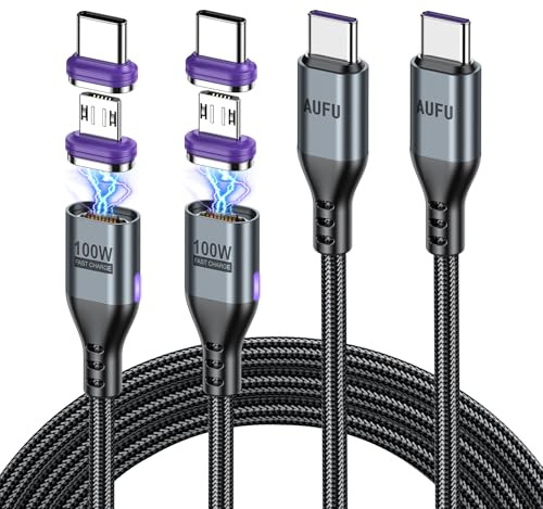 AUFU 100W USB C Magnetic Charging Cable, 16PIN USB C to Type C Quick Charge [1m/1.8m], 2-in-1 Data Transfer Magnetic USB Cable with Micro USB/Type C for Tablet Laptop Mac-Book Smartphone