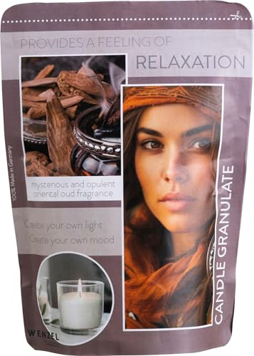 Wenzel Kerzenwachs Granulat 400g Weiß – Orientalische Note Duftwachs: Relaxation – DIY Duftkerzen Set inkl. Dochte & Anleitung – Kerzensand mit Duft – Made in Germany