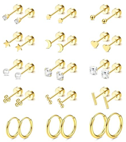Minnario 15 Paar Ohrringe Gold Damen Chirurgenstahl Ohrring Set Medizinische Ohrstecker Klein Creolen Flatback Ohrstecker Tragus Piercing Ohr Knorpel Helix Piercings Ohrringe Silber Gold
