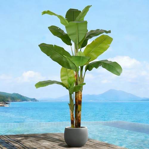 Artificial Banana Tree 8FT- Tall Fake Banana Leaf Plant with Realistic Trunks and Vivid Leaves, 96 Inch Large Faux Tropical Floor Plants for Home Office Poolside Porch Mall Hotel Indoor Outdoor Decor