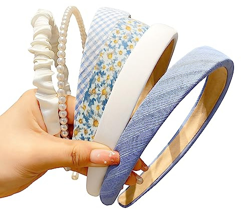 Lot de 7 Serre-tête Bandeaux à Cheveux pour Femmes - Antidérapants et Confortables - Serre-tête Rembourré avec Designs Floraux et Perles - Style Rétro/Moderne pour Femmes et Filles (Bleu, Free Size)