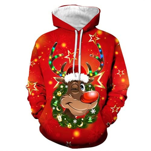 Sudadera con capucha unisex de Navidad 3D con diseño de reno guiño - Jersey con estampado realista de Rudolph y efectos de luz | Sudadera llamativo para días festivos