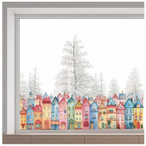 GORGECRAFT 114x37cm Bunte Haus Fensteraufkleber Eine Reihe von Häusern Fensteraufkleber Gebäudemuster Doppelseitig Kollisionssicher Statische Glasaufkleber Für Schiebetüren Heim Schlafzimmer Und Badez
