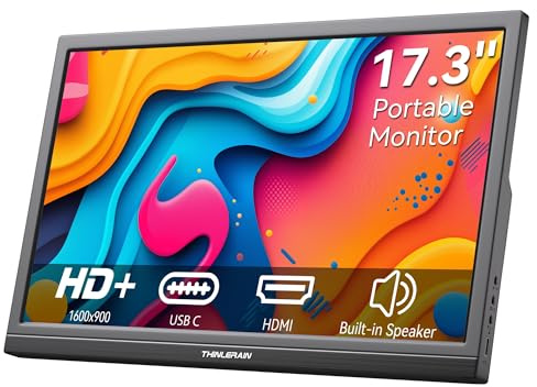 Thinlerain 17.3 Inch Portable Small Computer Monitor 1600x900 HDMI USB-C, Second Display External Monitor for Laptop, PC, Built in Speakers & Stand
