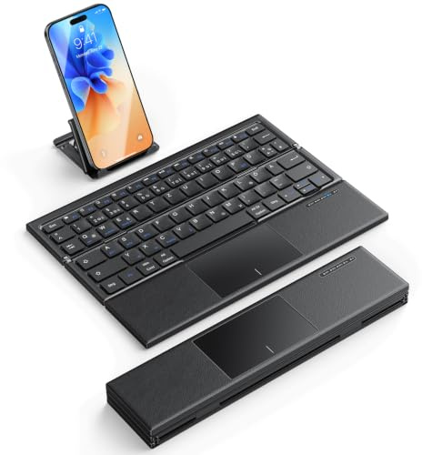OMOTON Faltbare Bluetooth Tastatur mit Touchpad, QWERTZ - Schwarz | Mehrere Geräte, 3 Bluetooth-Geräte, leise Mini Reise Tastatur für Android, Windows, iOS, Smartphone, Tablet und iPad