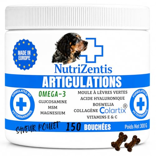 NUTRIZENTIS | Articulation Chien 300 Bouchées Anti Inflammatoire Chien Glucosamine Chondroïtine MSM Collagène Colartix® Omega 3 Poudre de Moule Verte | Fabriqué en Europe | 300 Bouchées au Poulet