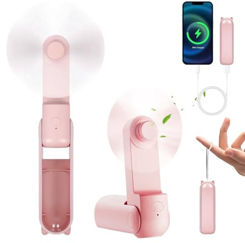 FainFun Handventilator Akku Aufladbar mit Lanyard, 270° Faltbarer Mini Ventilator USB, Leicht und Tragbar, Ventilator Klein mit Ladefunktion, geeignet für Make-up, Camping, Konzerte, Reisen (Rosa)