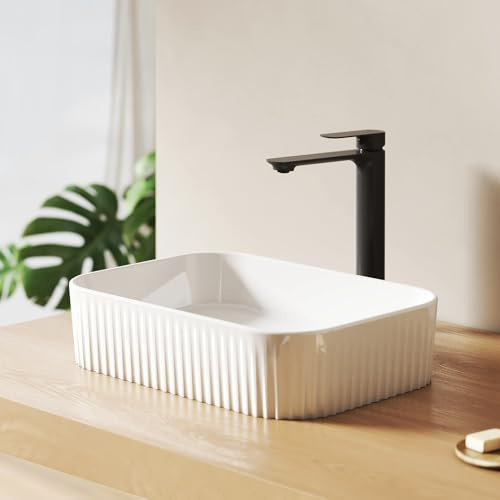 EMKE Vasque à Poser,Design Cannelé Blanc Brillant - 45 x 32 x 11 cm | Lavabo Design Moderne pour Salle de Bain et Suite Parentale - Haute Résistance - Sans Trop-Plein(Robinet Non Inclus)
