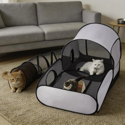 Box pieghevole con tunnel per gatti, tenda per gatti da interno/esterno, portatile recinto gattis con pareti morbide traspiranti, casetta interattiva per gattini, cuccioli, piccoli animali