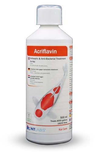 NT Labs Koi Care Acriflavin Treatment (500ml Treats 18,200L) | Liquid formula targets mouthrot, tailrot and finrot symptoms to clear up visible open wounds in koi ponds.