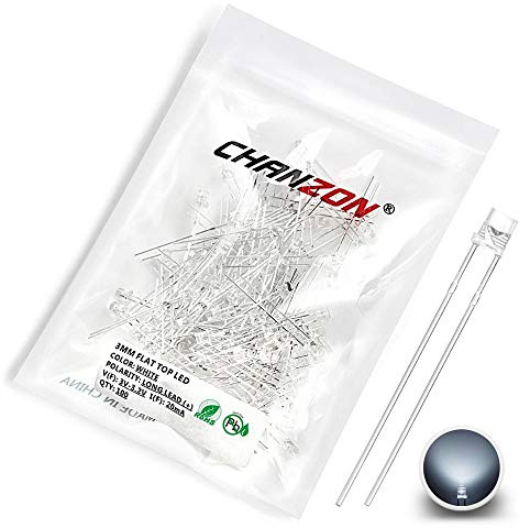 Chanzon 100 pcs 3mm White LED Diode Lights (Clear Transparent Flat Top DC 3V 20mA) Bright Lighting Bulb Lamps Electronics Components Light Emitting Diodes