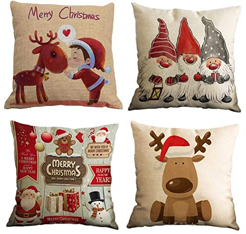 Gspirit Feliz Navidad 4 Pack Encantador Papá Noel Alce Algodón Lino Throw Pillow Case Funda de Almohada para Cojín 45x45 cm