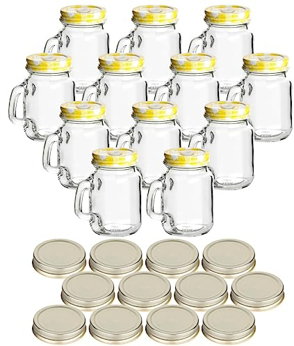 gouveo 12er Set Trinkgläser 110 ml mit Deckel gelb, silberfarben - Kleines Trinkglas mit Henkel und Schraubverschluss - Leere Henkelgläser für Kinder, Dessert, Cocktails, Party