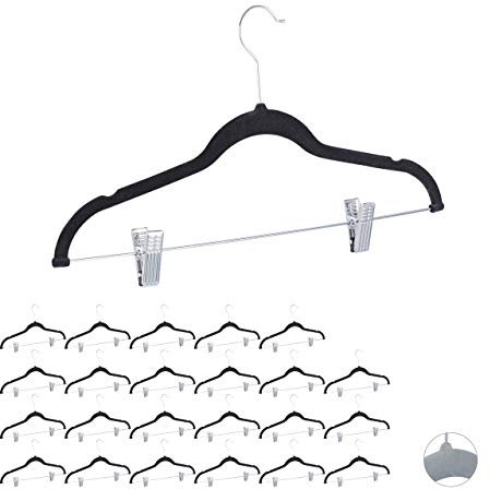 Relaxdays 24 x Samtbügel mit Clips, 360° drehbarer Haken, Hosenbügel, rutschfeste Hemdenbügel, 43 cm breit, Clipbügel, schwarz