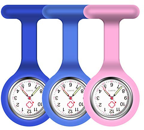 Vicloon Krankenschwester Uhren,3 Pcs Schwesternuhren mit Clip, Dehnbare Silikon Hülle, um Bruch zu Verhindern, Glow Pointer, Quarzwerk, Ansteckuhr für Krankenschwestern und Ärzte