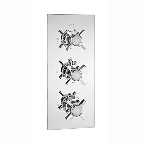 ENKI, Edwardian, TSV047, Concealed Thermostatic Triple Diverter Shower Mixer Valve with Three Outlets, Cross Handles, Traditional Bathrooms, Constant Temperature, Chrome