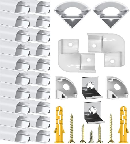 Chesbung LED Aluminium Profil 45 Grad für Led Streifen, 20X1m V Form Stripes Schiene Strip Aluprofil Eckprofil Alu Profil Leiste Kanal Stripe Diffusor mit Milchig Weißer Abdeckung und Eckverbindern