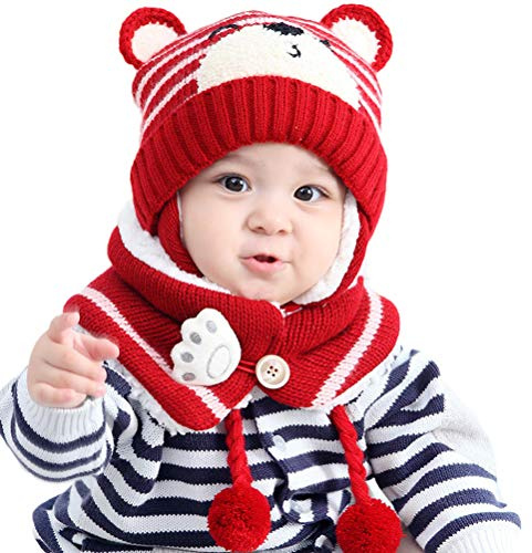 Stecto Winter Baby Hüte, Baby Earflap Beanie Mütze mit Schal, Kleinkind Winter Warme Mütze Nackenwärmer, Niedlich Strickmütze Schal Set für Unisex Neugeborene Todders