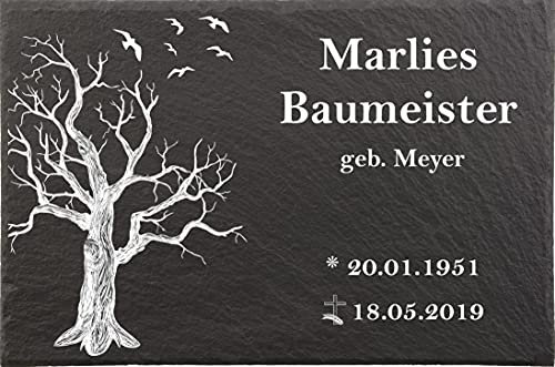 Tusina Urnengrabstein, Naturschieferstein, 30 x 20 cm, Weiß/Schwarz, Blatt, 100% witterungsbeständig