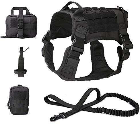 PJDDP Taktische Hundeweste Verstellbar Hundegeschirr Und Bungee-Hundeleine,Service Hunde Brustgeschirre,Bequem Verstellbar Outdoor Training Service Geschirr Mit 3 Abnehmbaren Taschen,Schwarz,L