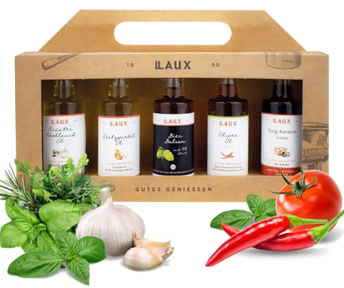 Laux BBQ Essig Öl Set - Koch Set aus 5 erlesenen Essigen & Speiseölen - Grill Zubehör - Kochbox - Geschenkset - Geschenk-Ideen für Frauen & Männer (5x40ml)