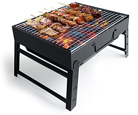 BBQ Barbecue Grill, Portable Folding Charcoal Barbecue Desk Tabletop Outdoor Stainless Steel Smoker BBQ for Picnic Garden Terrace Camping Travel 15.35''x11.41''x2.95'' (Black)