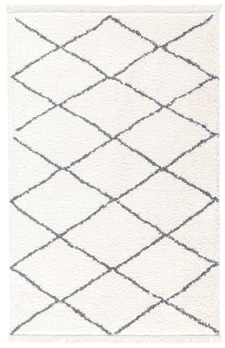 TESSO LIVING Hochflor Teppich - Silber - 120 cm Rund - Diamantmuster Shaggy Teppich Mit Fransen – Besonders Weich