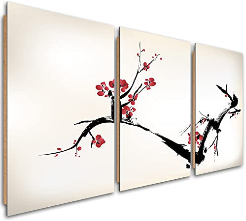 Feeby 3 pièces Image Panneau Déco 120x60 cm Fleurs écloses Japon Cerisier Image décoration murale Tableau Déco Mural Salle De Séjour Pétales rouges Peinture Branche d'arbre beige