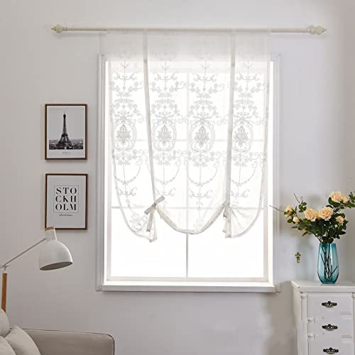 Devola Landhausstil Raffrollo transparent Garn Raffgardinen Blumenmuster Stickerei Gardine tageslicht Raffgardine mit Kordelzug Modern Küchen Rollo Schlaufenschal BxH 80x120cm Weiß 1er Pack