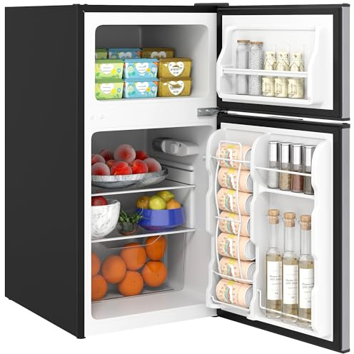 HOMCOM 3.2 Cu.Ft Mini Fridge with Freezer, Compact Refrigerator with Adjustable Thermostat, Shelf and Double Reversible Door for Bedroom, Dorm, Home Office, Energy Efficient, Black