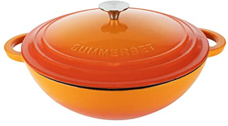 Enameled Cast Iron Casserole Braiser Pan with lid, 5-Quart Spacious —Premium Enamel Cast Iron Pot Seafood Shallow Dutch Oven Cooking, NEW in Stock, Orange-Sunset Color