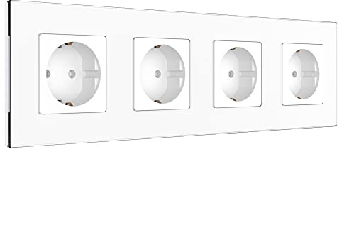 PULSAR Steckdose Unterputz 4-Fach Glas Weiß, Schuko-Wandsteckdose 16A | Steckdose Weiß 4-Fach Glas Unterputz, Schuko Wandsteckdose 16A, 299 x 86mm mit Kindersicherung, Vierfach-Steckdose