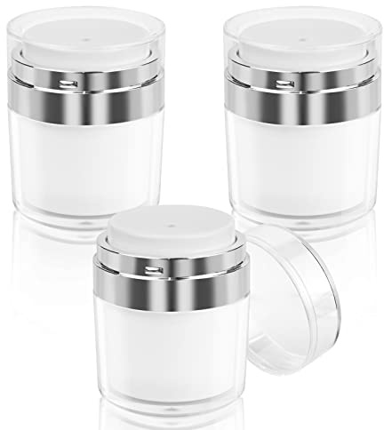 Yicaam 3 Pcs Airless Pump Jars 50ml/50g, Empty Acrylic Makeup Cosmetic Jar Containers w/ Press Pump, Portable Cream Jar Vacuum Bottle Refillable Airless Lotion Jar w/ Lid Travel, White (YS-3CreamJar)