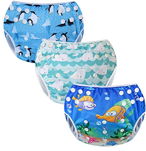 Codkkre Pannolino Nuoto Neonato Costume Neonata 3 Pz Piscina Riutilizzabile Pannolini Lavabili Contenitivo per 0-3 Anni(Pinguino+balena+pesce)