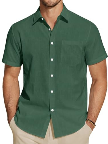 J.VER Leinenhemd Herren Hemd Männer Kurzarm Sommerhemd Men's Regular Fit Freizeithemd mit Brusttasche,Grün,XL