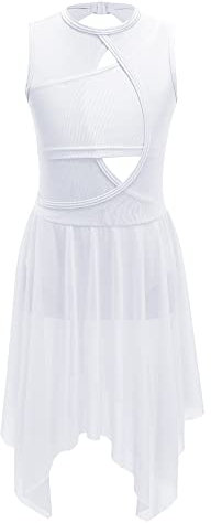 FEESHOW Kinder Mädchen Ballettanzug Ärmellos Ballett Tanz Trikot mit asymmetrische Rock Lyrische Tanzkleidung Gymnastik Modern Tanzkostüm A_Weiß 134-140/9-10 Jahre