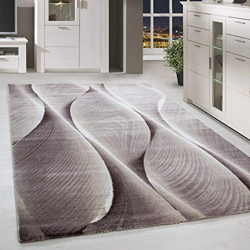 HomebyHome Teppich Wohnzimmer 280x370 cm Beige XXL Modern Holz Optik Wellen Design Kurzflor für große Flächen Schlafzimmer Esszimmer Waschbar Pflegeleicht Extra Weich