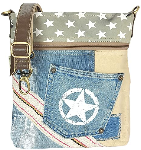 Sunsa Damen Umhängetasche. Nachhaltig Tasche aus recycelte Jeans & Canvas | Vintage Schultertasche mit Stern. Mittelgroße Crossbody Bag mit verstellbaren crossover Henkel. Jeanstasche für Freizeit