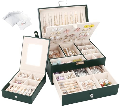 Schmuckkästchen mit 2 Ebenen mit Schubladen, Groß PU Leder Schmuckbox mit tragbarem Reise Schmuckkasten, Schmuckschatulle Damen Mädchen für Ringe, Ohrringe, Armbänder, Halsketten, Dunkelgrün