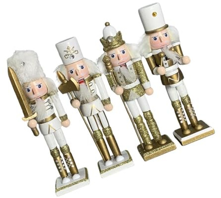 DSOUWEH Modèle de Soldat Casse-Noisette Artisanal Exquis, 4 pièces, pour décoration de noël, Ornement en Bois à Collectionner, Jardin de marionnettes, Or Blanc, 4 pièces